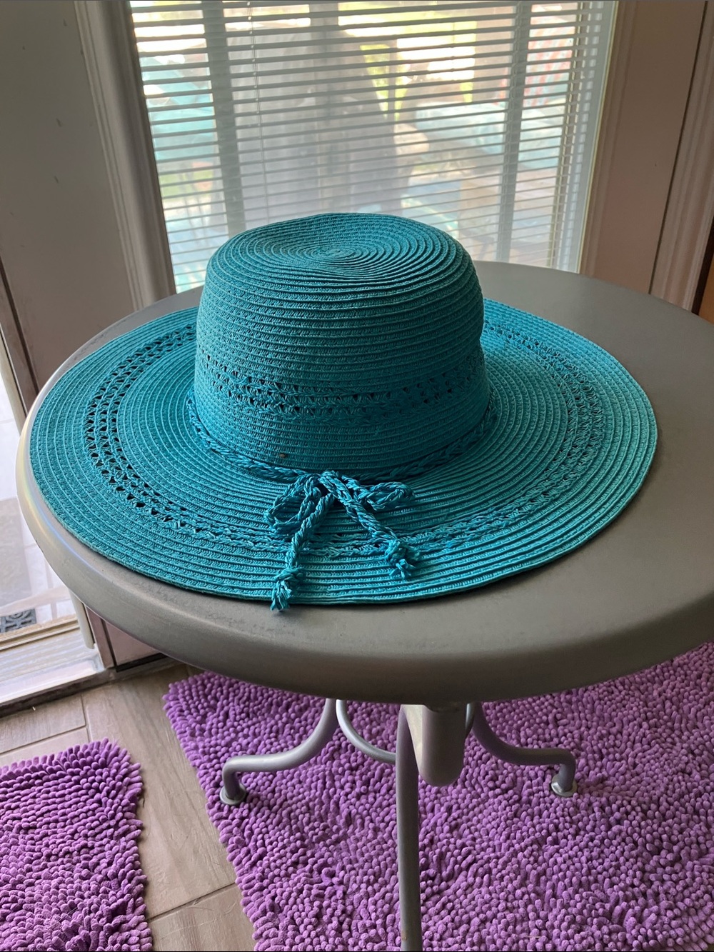 Wide Brim Straw Sun Hat in Teal with Tie Accent